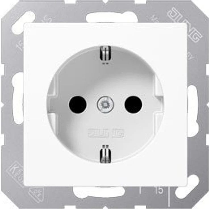 Jung 1520 KI WW Schuko Steckdose 16 A 250 V mit Berührungsschutz Serie A alpinweiß, (A520KIWW) Kinderschutz – Bild 1