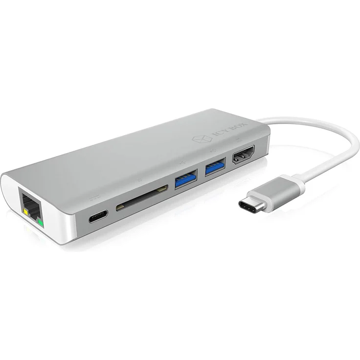 ICY BOX USB-C Adapter für Notebooks und Tablets mit HDMI, 2x USB 3.0, Power Delivery, Kartenleser, LAN, Aluminium, USB-C Hub, USB-C Dock – Bild 1