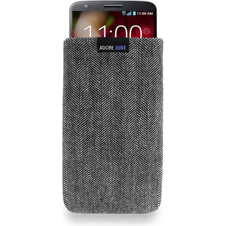 Adore June Business Tasche für LG G2 Handytasche aus charakteristischem Fischgrat Stoff - Grau-Schwarz | Schutztasche Zubehör mit Display Reinigungs-Effekt | Made in Europe