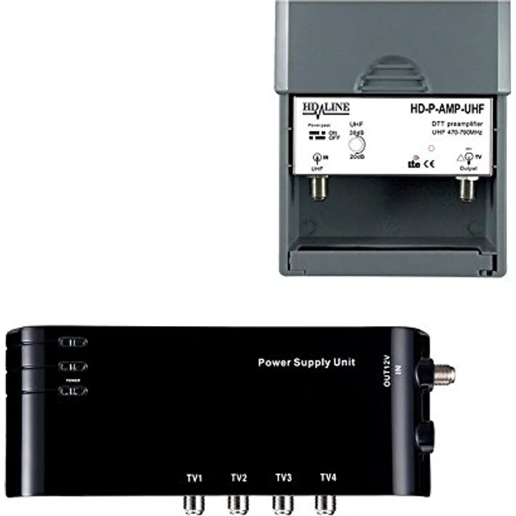 HD-LINE KIT4/1 Vorverstärker 4/1 TV Verstärker + Netzteil 4 TV-Ausgänge, für terrestrische Antenne TNT schwarz
