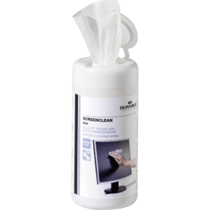 Durable 573602 Bildschirmreiniger (Screenclean Box, Spenderdose) 100 Feuchttücher weiß
