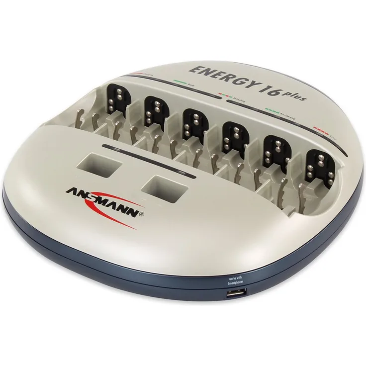 ANSMANN Energy 16 Plus Akku-Ladegerät und Pflegestation für NiMH/NiCd Akkus AAA, AA, C, D, 9V-Block + USB
