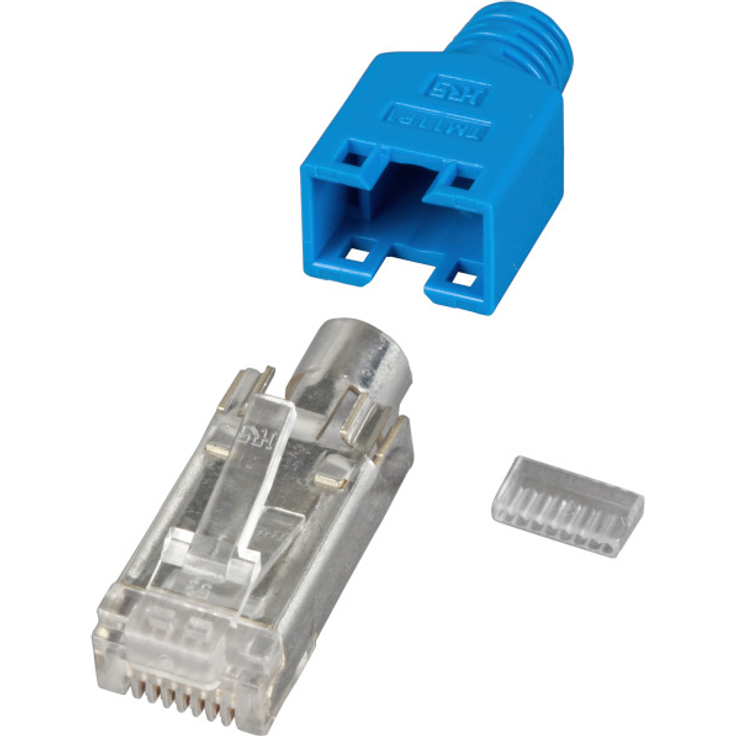 EFB-Elektronik GmbH RJ45-Hirose Stecker STP, TM11 blau, 100 Stück, 3 Elemente, Cat. 5e, Bis 100 MHz (Cat.5e) für Litzen Geschirmte Ausführung Aderisolierung ca. 0.9 - 1.0 mm Kabeldurchmesser max. 5.8 mm Das Set besteht aus RJ-Stecker (