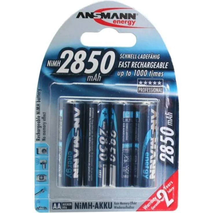 ANSMANN Akku AA Typ 2850mAh NiMH 1,2V - Mignon AA Batterien wiederaufladbar, mit hoher Kapazität ideal für hohen Strombedarf wie Controller, Foto-Blitz, Taschenlampe (4 Stück)