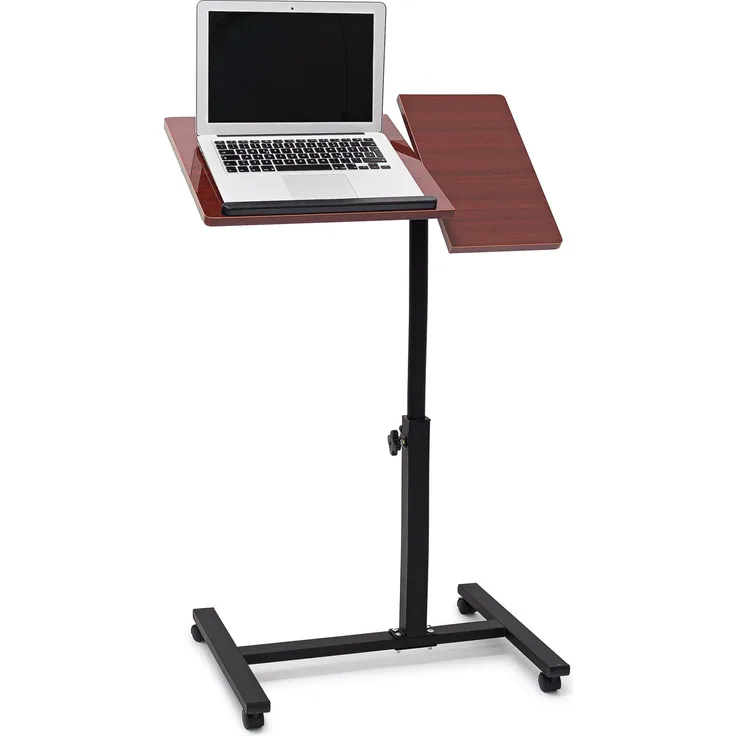 Relaxdays Laptoptisch höhenverstellbar, Laptopständer Holz, mit Rollen, drehbar, HxBxT: 95 x 60 x 40,5 cm, rot-braun