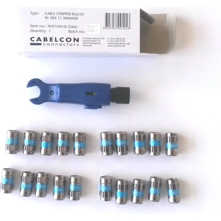 Cabelcon SET bestehend aus Cablestripper RG6/59 mit Maulschlüssel + 20 Stück Self Install-Stecker F-56 5.1