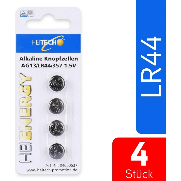 HEITECH 4er Pack AG13 Alkaline Knopfzellen Batterie TÜV geprüft 1,5V - LR44 / L1154 / LR1154 / SR44 / SR44W / V13GA / 157 / 303 / 357 - Knopfbatterien auslaufsicher & mit langer Haltbarkeit