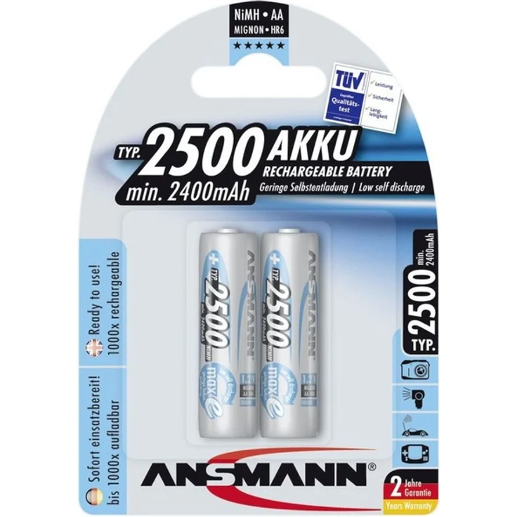 ANSMANN Akku AA Mignon 2500mAh 1,2V NiMH - wiederaufladbare Batterien AA Akkus maxE (geringe Selbstentladung & vorgeladen) ideal für Spielzeug, Funk-Tastatur-Maus, Wii & Xbox Controller (2 Stück) – Bild 1