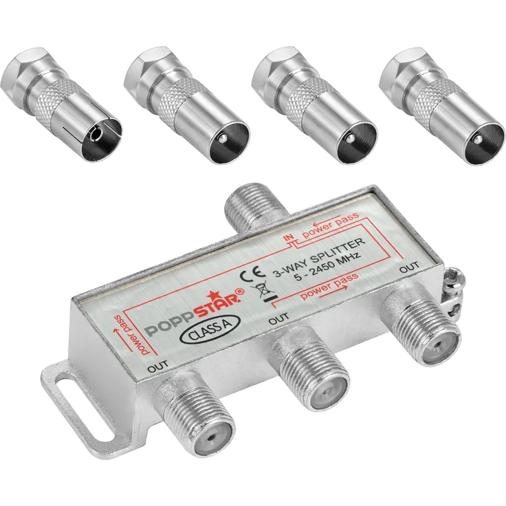 Poppstar Sat-Verteiler 3-fach (analog / digital-tauglich), 100dB, 5-2450 MHz, inkl. IEC Adapter