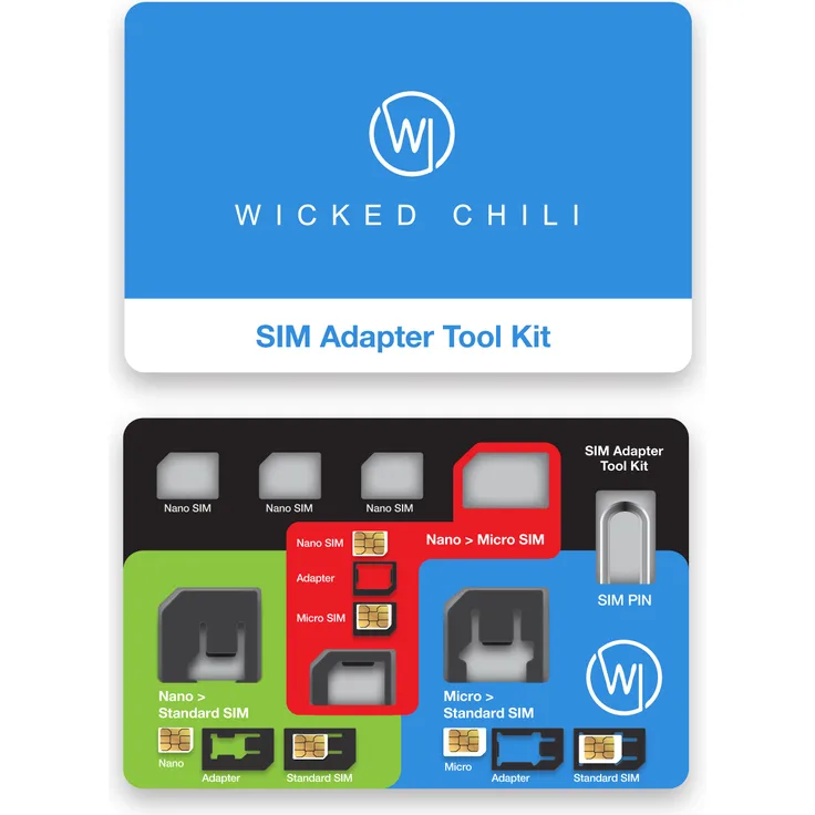 Wicked Chili 8in1 Sim Adapter Tool für alle SIM-Karten + Sim-Karten Halterung für 3 Nano und 1 Micro SIM-Karte + Simnadel Eject Pin, komplettes Adapter-Set & SIM Travel Case in Kreditkartengröße