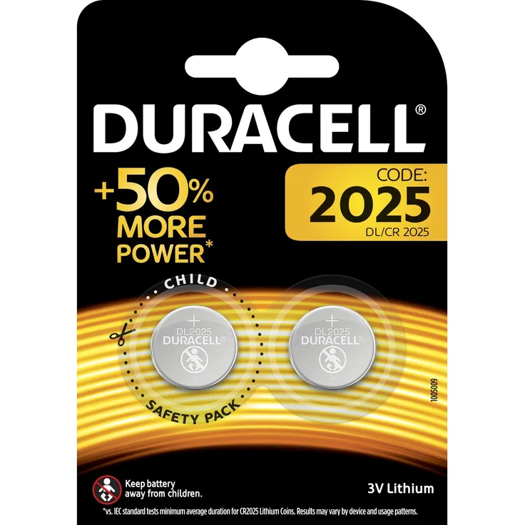 Duracell Specialty 2025 Lithium-Knopfzelle 3 V, 2er-Packung (CR2025 -DL2025) entwickelt für die Verwendung in Schlüsselanhängern, Waagen, Wearables und medizinischen Geräten.