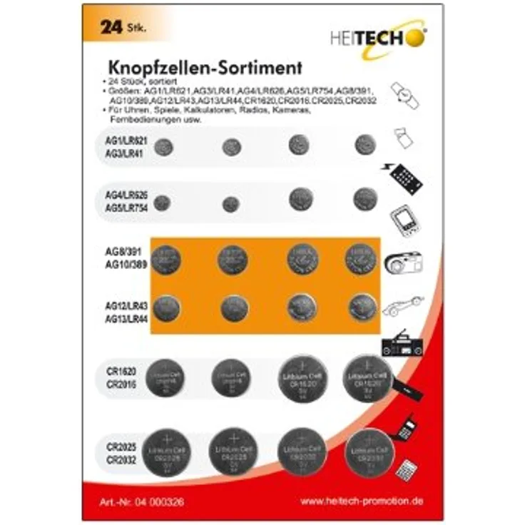 HEITECH 24er Pack Alkaline & Lithium Knopfzellen Batterie - 2X AG1 - 2X AG3 - 4X AG4 - 4X AG10 - 4X AG13 - 2X CR2016 - 2X CR2025 - 4X CR2032-1,5V & 3V Knopfbatterien auslaufsicher