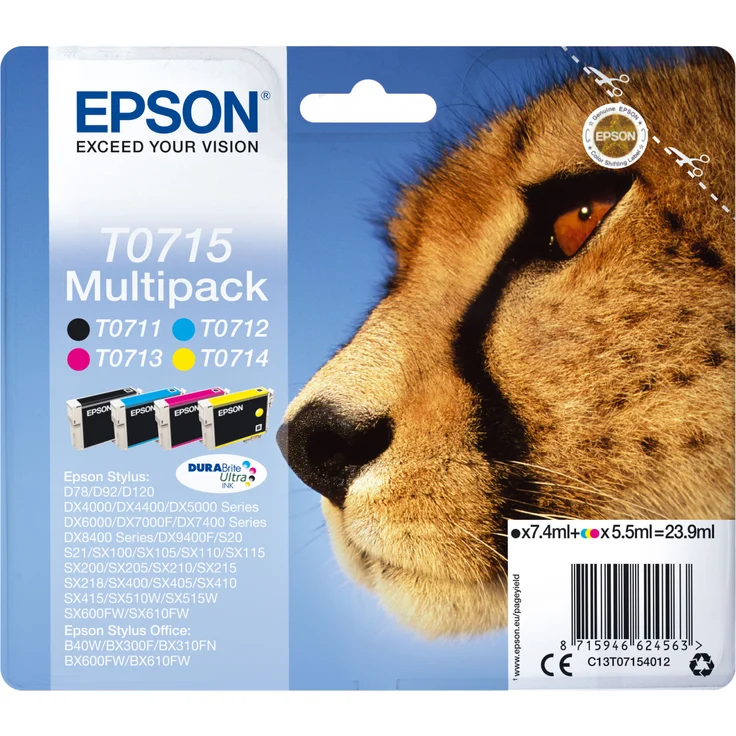 Epson Original T0715 Tinte Gepard, wisch- und wasserfeste (Multipack, 4-farbig) (CYMK)