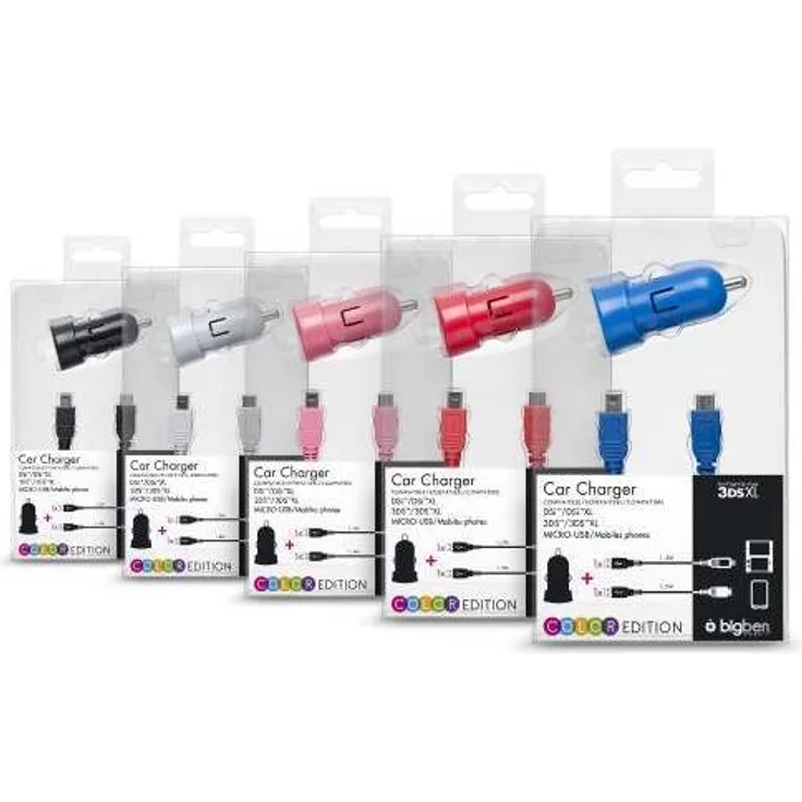 Nintendo 3DS - 3DS XL - new 3DS - new 3DS XL - DSi - DSi XL - KFZ-Adapter ''Color Edition'', Micro USB (farblich sortiert)