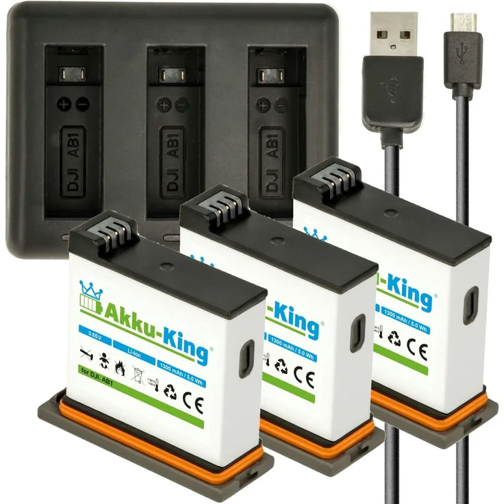 3-fach Ladestation + Akku Li-Ion 1300mAh kompatibel mit DJI AB1 P01 für DJI Osmo Action Cam Ladestation mit 3x Akku