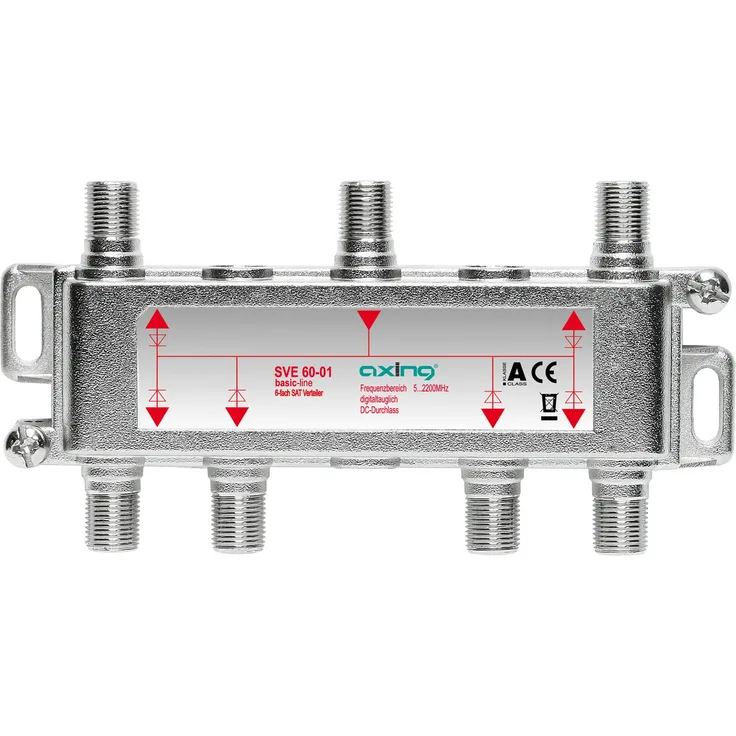 Axing SVE 60-01 6-Fach SAT-Verteiler Splitter mit DC-Durchgang für Satelliten-Anlagen Unicable DVB-T2 HD (5-2400 MHz) Class A