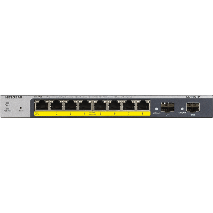 Netgear GS110TP 10-Port Gigabit Ethernet LAN PoE Switch Smart Managed Pro (8x PoE+ 55W, 2x 1G-SFP, flexibles Management lokal oder Remote per Insight Cloud, lüfterlos, mit ProSAFE Lifetime-)