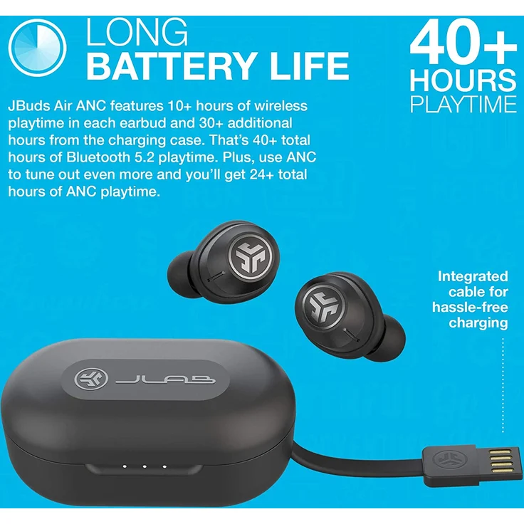 JLAB Air ANC In-Ear Kopfhörer mit Bluetooth, Noise Cancelling, Mikrofon, spritzwassergeschützt, schwarz – Bild 6
