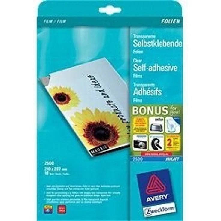 AVERY Zweckform 2500 Transparente Folien für Inkjetdrucker (10 selbstklebende Folien mit hoher Farbbrillanz, A4, spezialbeschichtet, stapelverarbeitbar, fotorealistisch, Folienstärke 0,17mm)