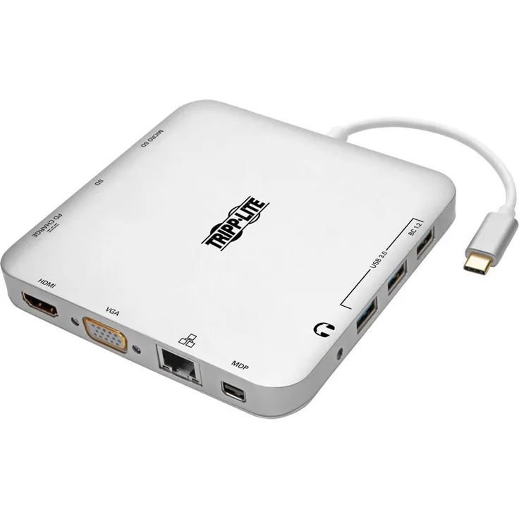 Tripp Lite U442-DOCK2-S USB-C-Laptop-Dockingstation, Typ C, mit mDP, HDMI, VGA, GbE, 4K bei 30 Hz, Thunderbolt 3 - USB-A, PD-Aufladung, Silber