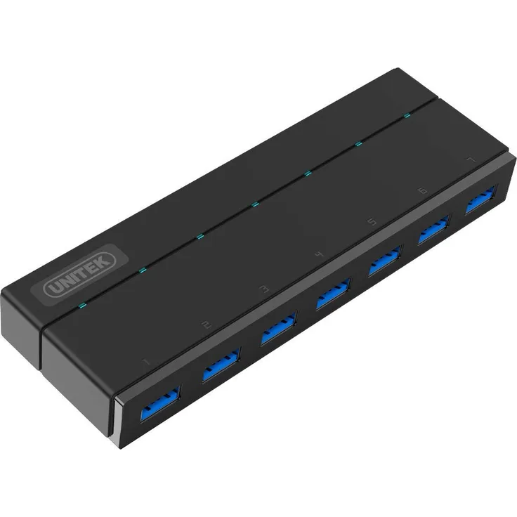 UNITEK Hub 7 Port USB 3.0 aktiv mit Stromversorgung, Datenhub Multiport Verteiler für PC, Laptop, Tastatur, Mouse, Drucker, iOS (Mac) + Windows Kompatibilität, Plug&Play, Schwarz