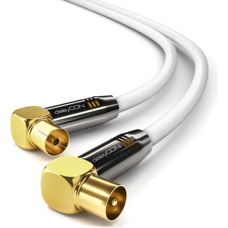 deleyCON 3m TV Antennenkabel PREMIUM HDTV Full HD - 2x gewinkelt - Koaxialkabel - TV-Stecker (90° Grad) zu TV-Buchse (90° Grad) - Weiß - METALL