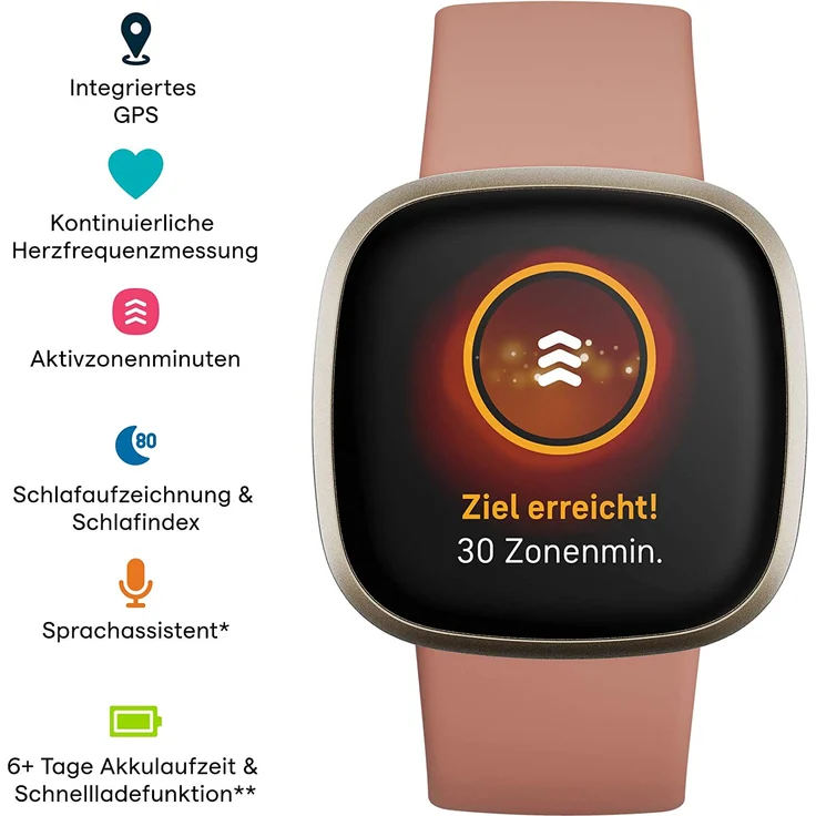Fitbit Versa 3 Smartwatch GPS, Damen, S/L, Aluminiumgehäuse, Softgold/Altrosa – Bild 5