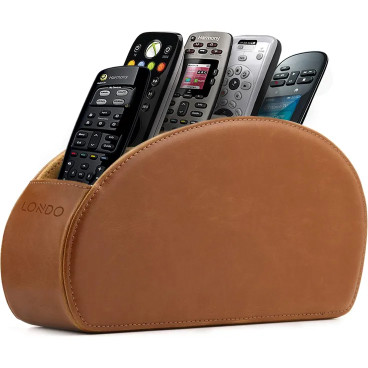 Londo Fernbedienungshalter mit 5 Taschen - Platz für DVD, Blu-Ray, TV, Roku oder Apple TV Fernbedienungen - Leder mit Wildleder Futter (Hellbraun)