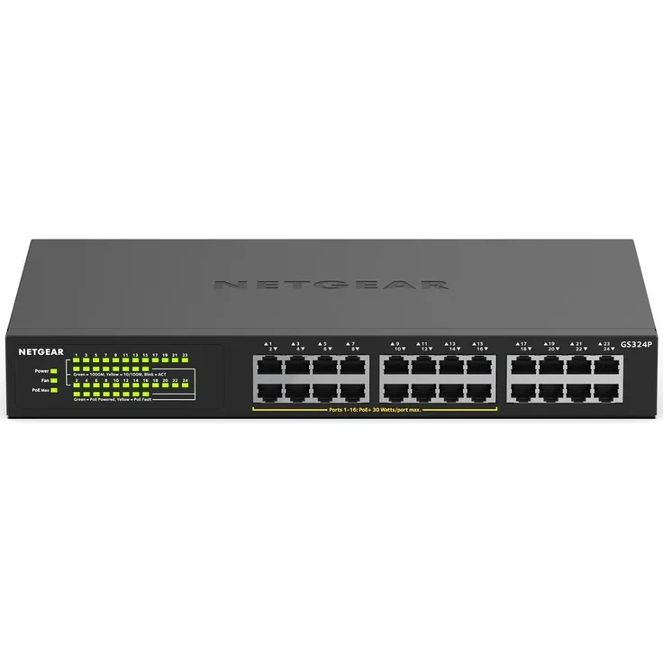 Netgear GS324P 24 Port Gigabit Ethernet LAN PoE Switch (mit 16x PoE+ 190W, Plug-and-Play, Desktop- oder Rack-Montage, energieeffizient, robustes Metallgehäuse)