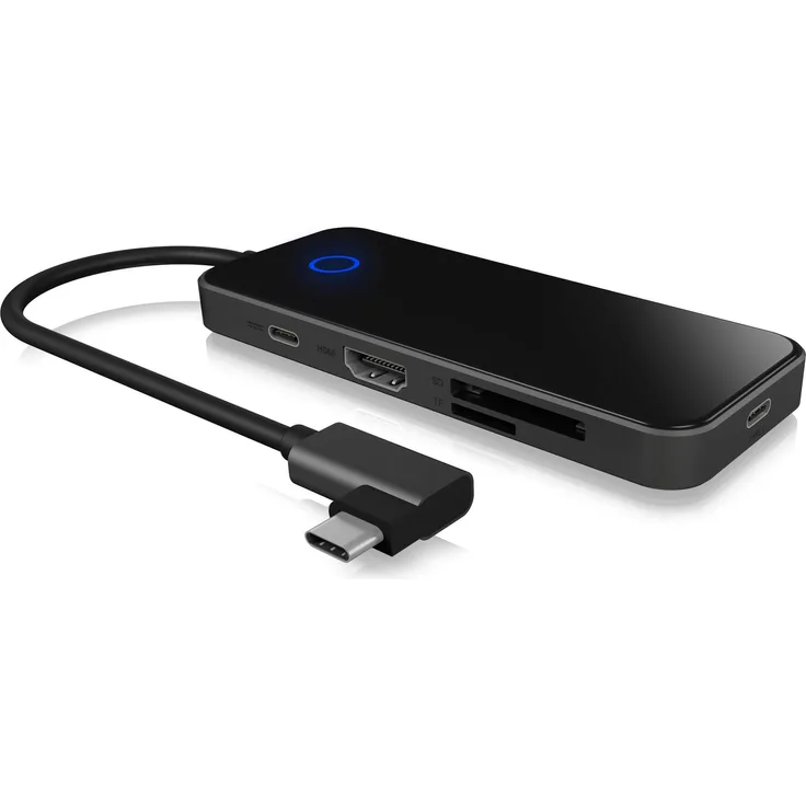 Icy Box 8-in-1 USB-C Hub mit Kratzfester Glasoberfläche, 4K HDMI, USB 3.0 Hub, Kartenleser, 100W Power Delivery, 3, 5 mm Audio, Aluminium, Schwarz-Grau