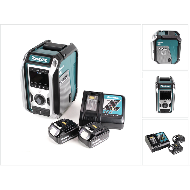Makita DMR 115 RG Akku Baustellenradio 12V - 18V Bluetooth DAB+ IP65- + 2x Akku 6,0 Ah + Ladegerät schwarz, blau, silber