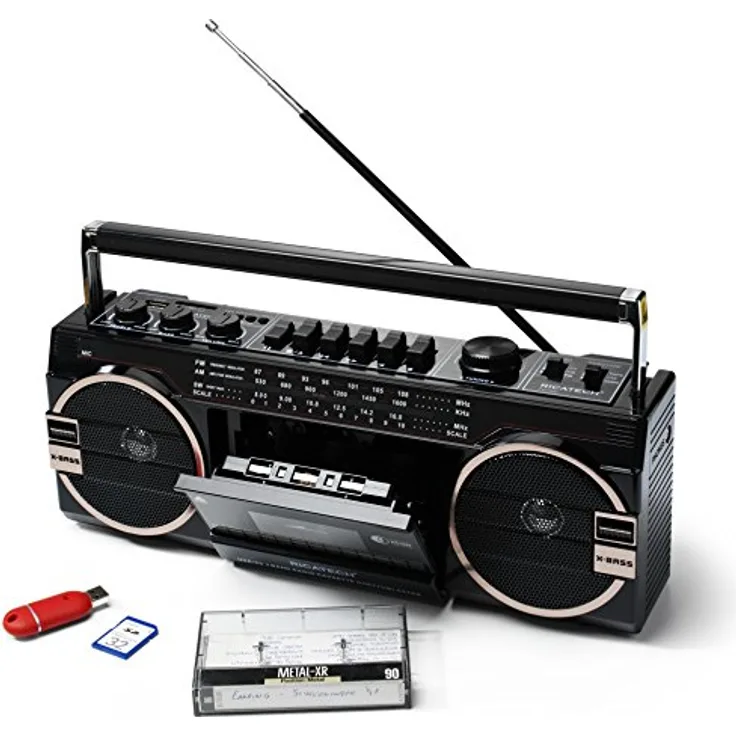 Ricatech PR 1980 Ghetto Blaster Boombox, Kassetten--Kassettenrekorder, AM-FM-SW 3-Band-Radio, Zwei 8-Watt-X-Bass-Lautsprecher, Sprachaufzeichnung mit Aufnahmemikrofon, Kopfhöreranschluss