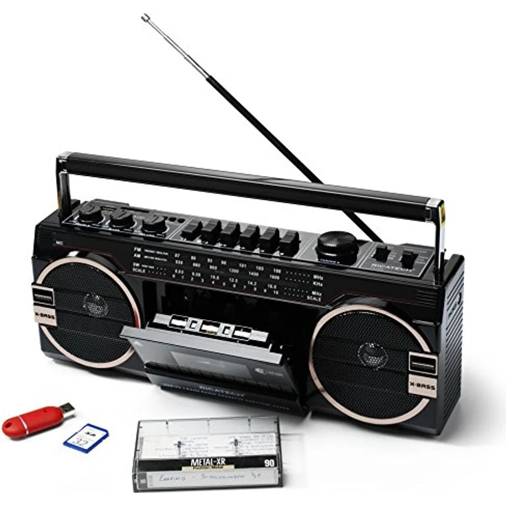 Ricatech PR 1980 Ghetto Blaster Boombox, Kassetten--Kassettenrekorder, AM-FM-SW 3-Band-Radio, Zwei 8-Watt-X-Bass-Lautsprecher, Sprachaufzeichnung mit Aufnahmemikrofon, Kopfhöreranschluss – Bild 1