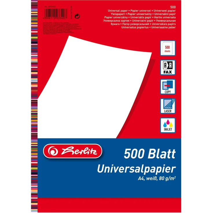 Herlitz 5033402 Universalpapier A4 80g, 500 Blatt weiss, holzfrei