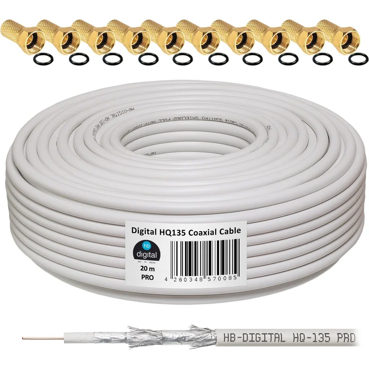 135dB 20m Koaxial SAT Kabel HQ-135 PRO 4-fach geschirmt für DVB-S / S2 DVB-C und DVB-T BK Anlagen + 10 vergoldete F-Stecker SET Gratis dazu – Bild 1