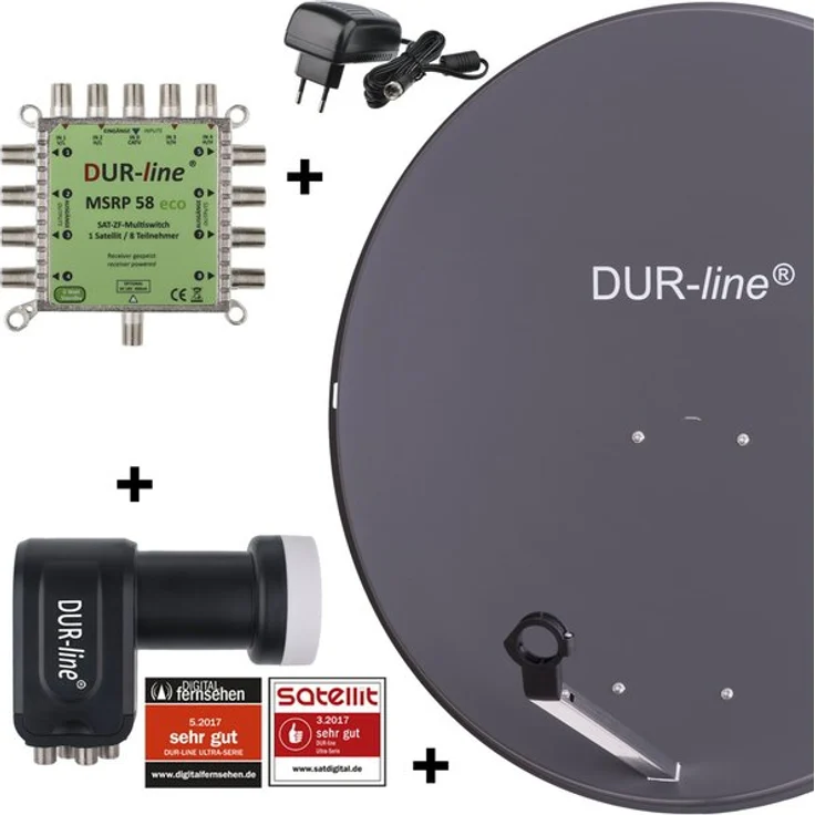 DUR-line MDA 90 Anthrazit - Digitale 8 Teilnehmer Satellitenschüssel Komplett-Anlage mit premium Multischalter und LNB (Camping, Astra 19,2°, DVB-S-S2, Full HD, 4K, 3D)