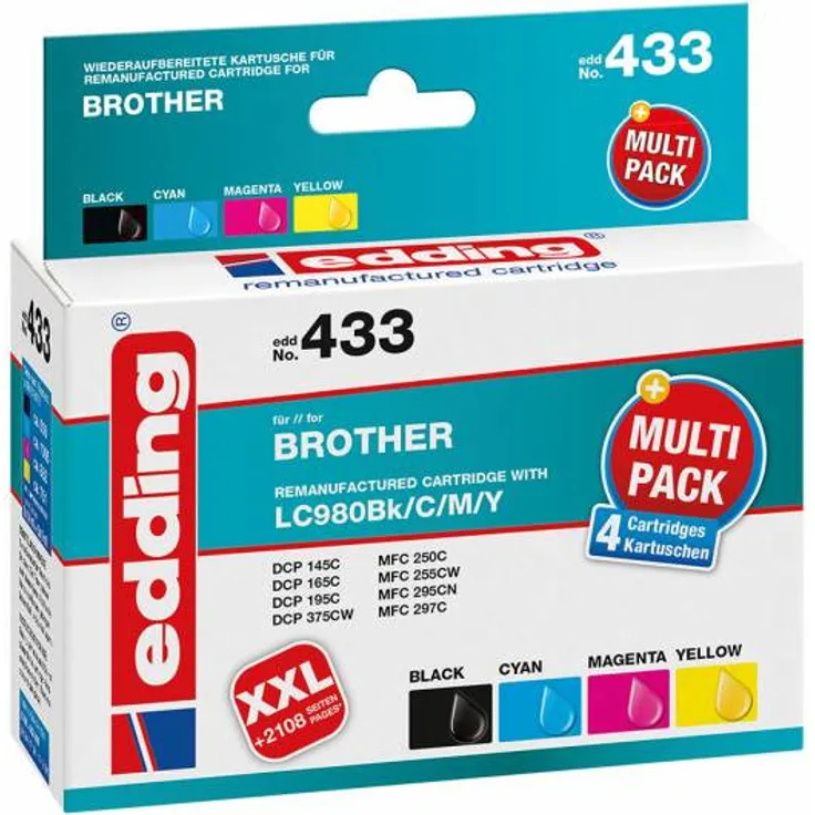 edding Tintenpatrone EDD-433 ersetzt Brother LC980BK-C-M-Y Multipack 4 - Schwarz, Cyan, Magenta, Gelb - 1x 14ml + 3x 9ml