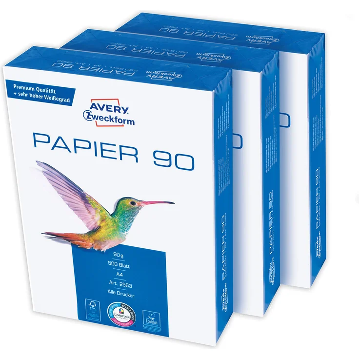 Avery Zweckform 2563 Drucker--Kopierpapier (1.500 Blatt, 90 g-m², DIN A4 Papier, hochweiß, für alle Drucker) 1 Box mit 3 Pack - Preisvergleich – Bild 1