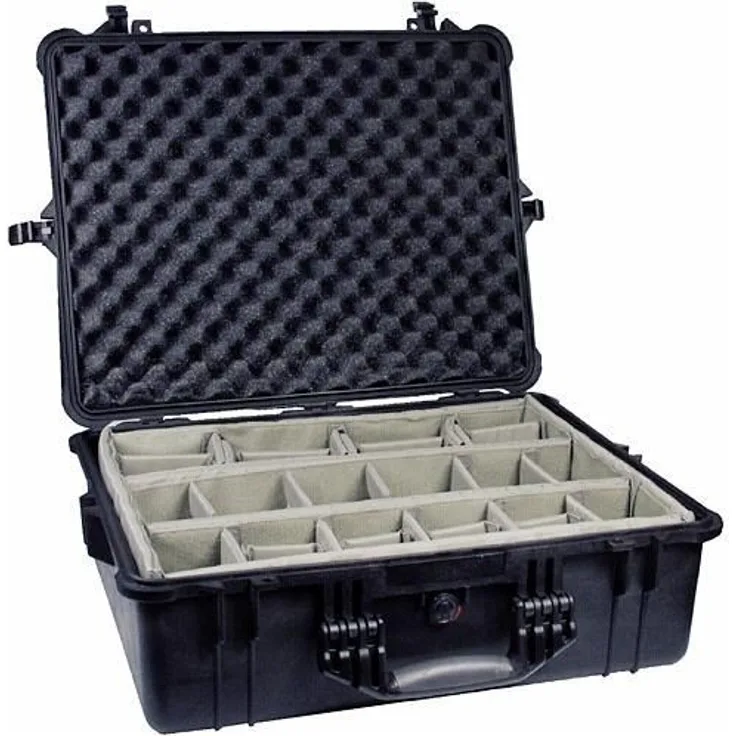 PELI 1600 Peli Transportkoffer aus Polypropylen, IP67 Wasser- und Staubdicht, 46L Volumen, Hergestellt in Deutschland, With Padded Divider Insert, Schwarz