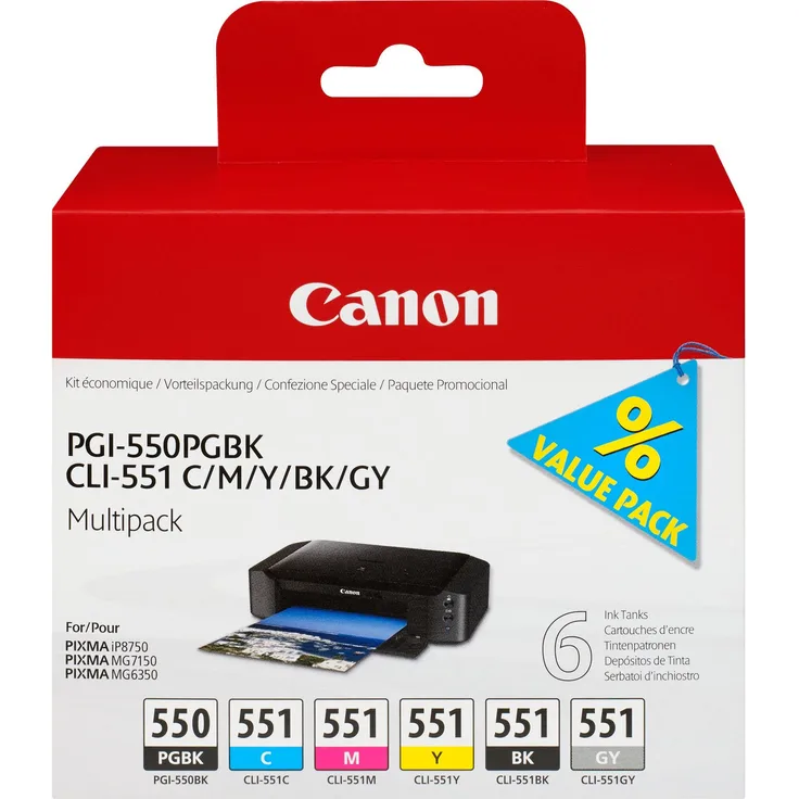 Canon PGI- 550XL - CLI -551 Original Tintenpatronen, 5-er Set von 2 x schwarz, 3 x farbtinten