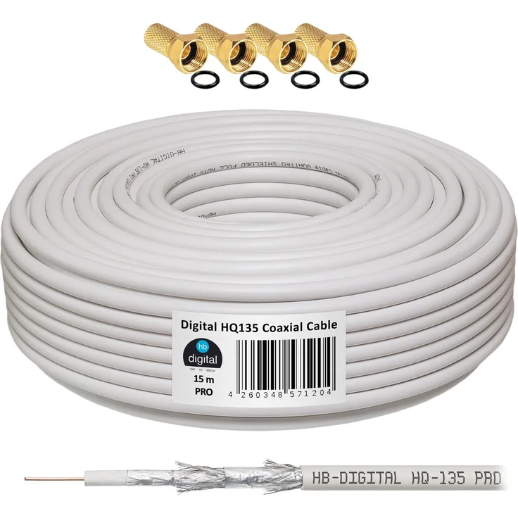 135dB 15m Koaxial SAT Kabel HQ-135 PRO 4-fach geschirmt für DVB-S / S2 DVB-C und DVB-T BK Anlagen + 4 vergoldete F-Stecker SET Gratis dazu