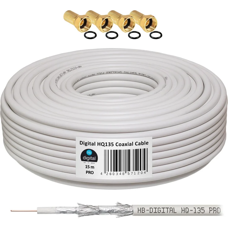 135dB 15m Koaxial SAT Kabel HQ-135 PRO 4-fach geschirmt für DVB-S / S2 DVB-C und DVB-T BK Anlagen + 4 vergoldete F-Stecker SET Gratis dazu – Bild 1
