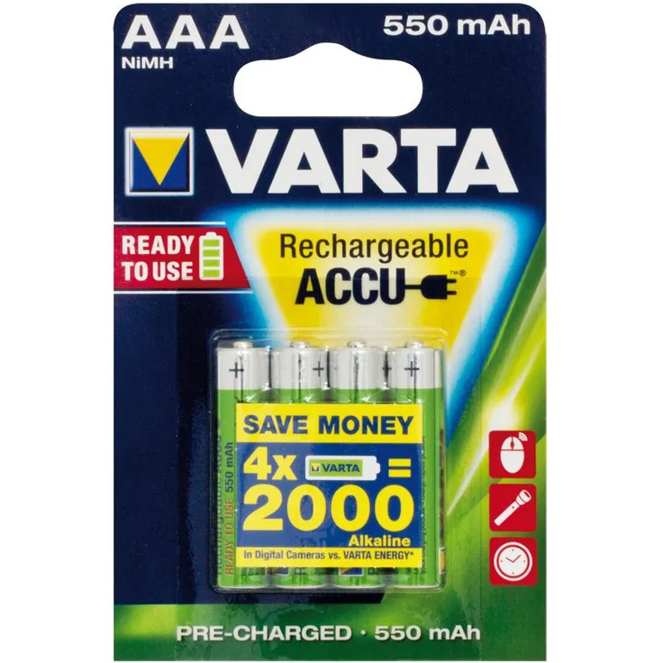 Varta Ready2Use HR03 4pcs Nickel Metall-Hydrid 550mAh Wiederaufladbare Batterie - Wiederaufladbare Batterien (550 mAh, Nickel-Metallhydrid (NiMH), AAA, 4 Stück(e))