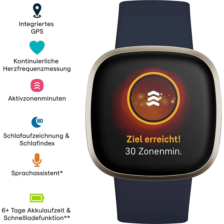 Fitbit Versa 3 Smartwatch GPS, Unisex, S/L, Aluminiumgehäuse, Softgold/Nachtblau – Bild 6