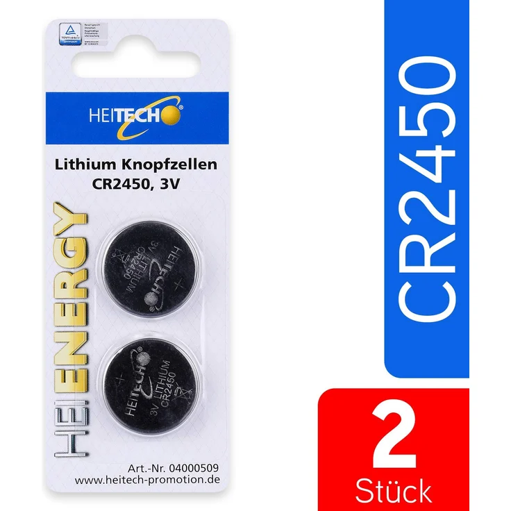 HEITECH 2er Pack CR2450 Lithium Knopfzellen Batterie - 3V Knopfbatterien auslaufsicher & mit Langer Haltbarkeit