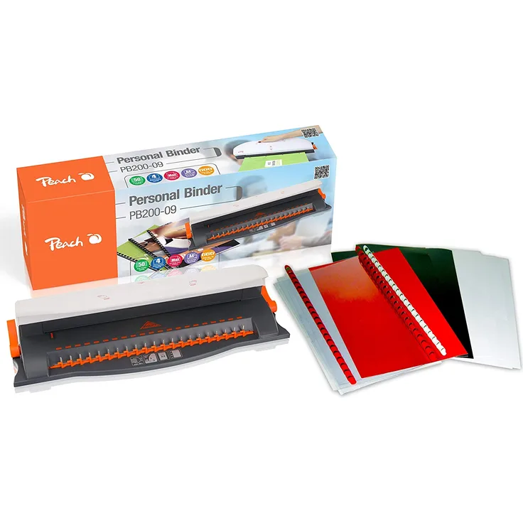 Peach PB200-09 Plastikbindegerät | Personal Binder DIN-A4 | bindet 50 Blatt | max. 12 mm Binderücken | 4 Blatt Stanzkapazität | inkl. 20-teiligem Starterset