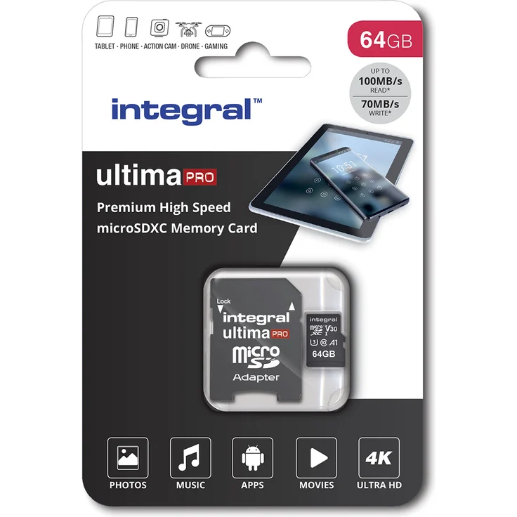 Integral Ultimapro - Memory Card 64 GB microSDHC-100 MB-s-Class 10 UHS-I U3- V30 + Adapter – Bild 1