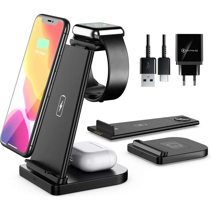 Wisam 3 in 1 Multifunktion 15 W Qi Ladestation, Kombi-Ladegerät, für Apple iPhone 12, AirPods Pro, Apple Watch, schwarz
