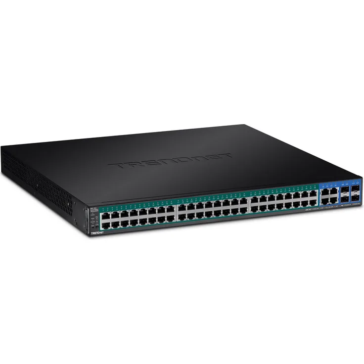 TRENDnet 52-Port Gigabit Web Smart PoE+ Switch, Schwarz, 48 Gigabit PoE+ Ports, 4 geteilte Gigabit Ports (RJ-45 oder SFP), VLAN, QoS, LACP, IPv6, TPE-5240WS