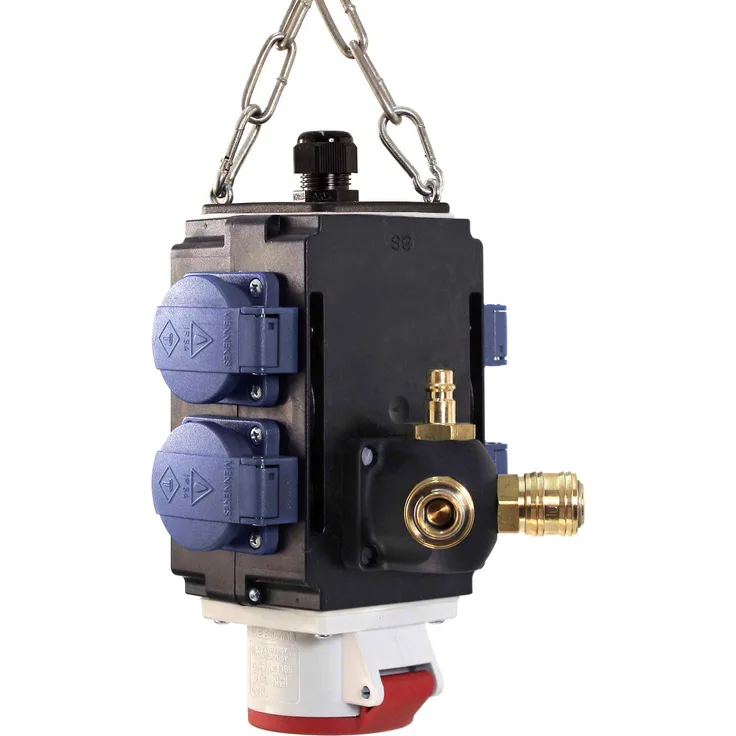 as - Schwabe MIXO Energiewürfel II+ – Hänge-Verteiler mit 4 Schuko-Steckdosen 230 V, 16 A & 1 E-Steckdose 400 V, 16 A, 5-polig & Druckluftanschluss – IP44 – Schwarz I 60734